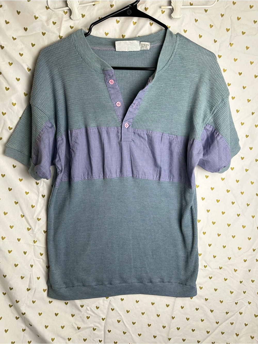 VTG 80s 90s Colorblock Waffle Knit Henley Shirt Blue Purple Retro Medium Large